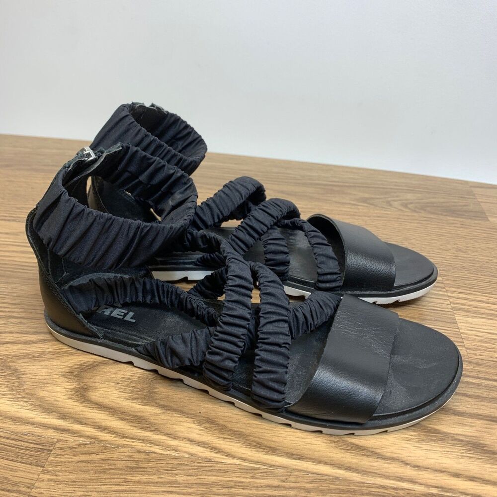 Sorel Ella II Ankle Strap Scrunch Black Women's Sandals Size 8 Gladiator